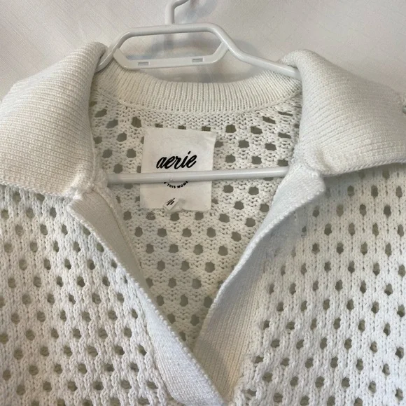 Aerie Women's Boho Coastal Creamy White 100% Cotton Open Knit Polo Sweater MD - Picture 7 of 16